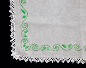 Spearmint Green Embroidered Tablecloth - Oatmeal Natural Linen with Leaves Embroidery - Fashionconstellate.com