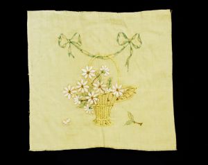 Antique Daisy Textile - Art Nouveau 1900s Edwardian Bride's Basket in Hand Embroidery - Garland - Fashionconstellate.com