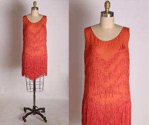 1920s Dark Tomato Red Pink Sleeveless Fringe Hem Flapper Dress