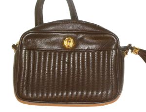 80s Anne Klein Brown Leather Shoulder Bag | Gold LION Logo & Chain Strap | 7.5'' x 5.5'' x 2.5'' - Fashionconstellate.com