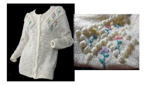 Vintage 70s Sweater Floral Embroidery Embellished Off White Acrylic Cardigan | L