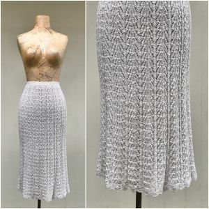 Vintage 1970s Pointelle Knit Skirt Oatmeal Crochet Sweater Skirt Body-Con Tea Length Pencil Skirt