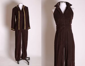 1970s Dark Chocolate Brown Velvet Sleeveless High Collar Two Piece High Waisted Jumpsuit with Jacket