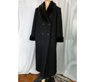Vintage 80s Coat Black Midi Length Wool Princess Coat Faux Fur Trim Double Breasted 