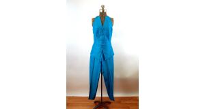 1990s pant suit Linda Segal turquoise two piece set vest and pants Size 6 Size S - Fashionconstellate.com