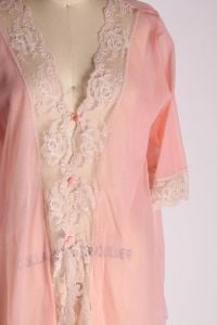 1960s Pale Powder Pink Nylon and Off White Lace Button Down Pajama Bed Jacket Top - XXL - Fashionconstellate.com