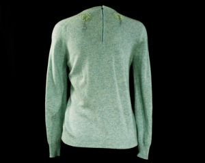 Size 8 Cashmere Sweater - Heathered Aqua Blue Luxury Knit with Beaded Swag Daisy Appliques  - Fashionconstellate.com