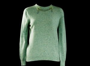Size 8 Cashmere Sweater - Heathered Aqua Blue Luxury Knit with Beaded Swag Daisy Appliques 