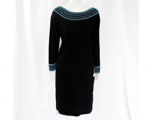 Size 10 Italian Designer Dress - 1950s Black Angora Knit Two-Piece with Turquoise Beading - 50s 60s