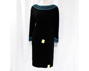 Size 10 Italian Designer Dress - 1950s Black Angora Knit Two-Piece with Turquoise Beading - 50s 60s - Fashionconstellate.com