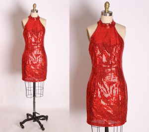1980s Red Sequin Lurex Bodycon Hourglass Halter Neck Look Mini Dress by Fredericks of Hollywood
