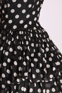 1950s Designer Tiered Black and White Polka Dot Ruched Off the Shoulder Bubble Hem Drop Waist Dress  - Fashionconstellate.com