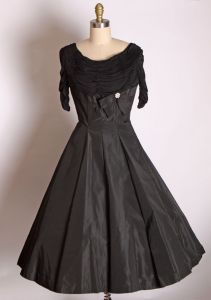 1950s Inky Black Crisp Taffeta Full Skirt Knit Jersey Ruched Knee Length Formal Cocktail Dress - Fashionconstellate.com