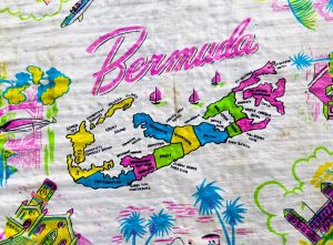 Bermuda Souvenir Scarf - 1950s 60s Tourist Novelty Print - Map of Tropical Islands - Sheer Pink Blue - Fashionconstellate.com