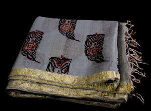 Indian Sari Fabric - 1950s 60s Paisley Block Print Cotton - Gray Terracotta Orange Black - Metallic 