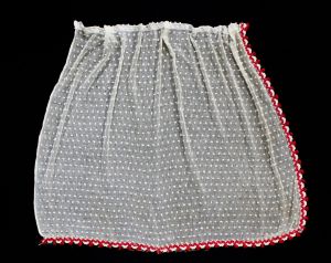 1930s Kitchen Curtain Panel - Authentic 30s White Cotton Chenille Cheesecloth with Red Tassel Fringe - Fashionconstellate.com
