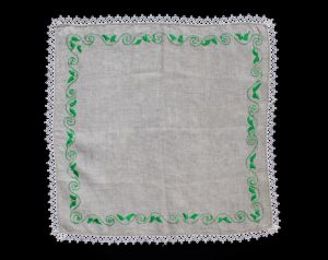 Spearmint Green Embroidered Tablecloth - Oatmeal Natural Linen with Leaves Embroidery