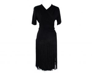 Size 4 1930s Dress Small Short Sleeve 30s 40s Black Crepe Cocktail with Ruching & Long Fringe Skirt
