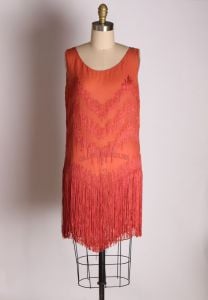 1920s Dark Tomato Red Pink Sleeveless Fringe Hem Flapper Dress - Fashionconstellate.com