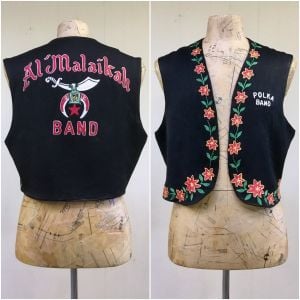 Vintage 1950s 1960s Shriners Vest, Black Wool Chain-Stitch Embroidery, Al Malaikah Polka Band