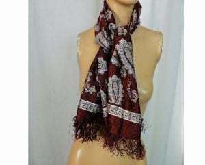 Vintage 1940s Fringed Mens Silk Scarf Opera Scarf Ascot Maroon Red/ Brown Paisley Print - Fashionconstellate.com