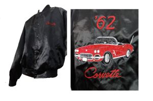 Vintage Men's Satin Bomber Jacket Flannel Lined Windbreaker Embroidered Red Corvette | M/L