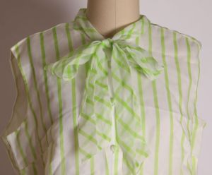 1960s White and Lime Green Striped Sleeveless Pussybow Shirt Blouse by Camilla - L/XL - Fashionconstellate.com
