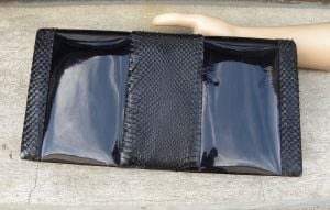 80s Black Patent Leather & Snakeskin Clutch | Luxe Chic Envelope Bag | 11.5'' x 6'' x 2.25'' - Fashionconstellate.com