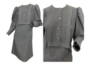 Vintage Mod 1960s Mini Tunic Dress Gray Wool Secretary Shift Dress Zipper Sleeve Cuffs
