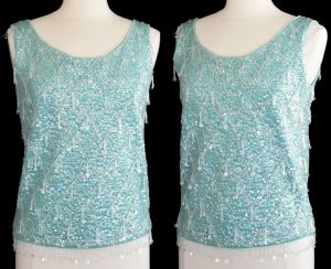 60s Hand Beaded Cocktail Sweater, Hand Sequined Cocktail Sweater, Mint Green Sweater, Fringed Top - Fashionconstellate.com