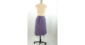 1960s wrap skirt plaid cotton blue red with pockets by Deeziner Size M