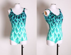 1960s Green Turquoise and White Novelty Leaf Print One Piece Swimsuit by Deweese - S/M