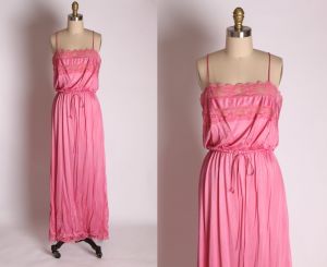 1970s Slick Pink Nylon Lace Spaghetti Strap Full Length Lingerie Gown - S/M