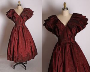 1970s Burgundy Red Sharkskin Acetate Oversized Ruffled Shoulders Rose Full Skirt Formal Prom Dress