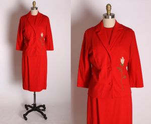 Late 1950s Cherry Red Embroidered Pink Rose Matching Jacket and Sleeveless Blouse and Pencil Skirt