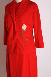 Late 1950s Cherry Red Embroidered Pink Rose Matching Jacket and Sleeveless Blouse and Pencil Skirt - Fashionconstellate.com