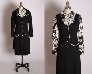 1960s Black & White Floral Print Long Sleeve Pussybow Secretary Dress with Matching Vest and Jacket