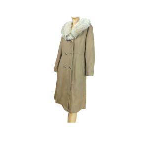 Marshall Fields 1970s Coat Vintage Camel Wool White Fox Collar Coat by Lorendale |Size M/L