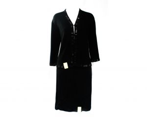 Size 10 Italian Designer Dress - 1950s Black Angora Knit Two-Piece with Deco Beading - 50s 60s Sweat
