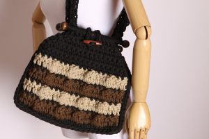 1970s Black, Brown and Tan Macrame Woven Shoulder Handbag by Casa De Filby - Fashionconstellate.com