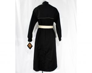 Size Medium Large Rain Coat - Black Cotton Canvas with Khaki Trim 1970s 80s Button Front & Tie Belt - Fashionconstellate.com