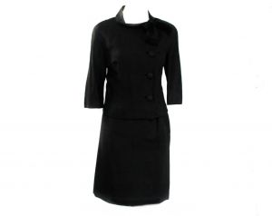 Size 2 Black Suit - XS 1950s 60s Audrey Style Tailored Jacket & Pencil Skirt - Chic Raw Silk Office
