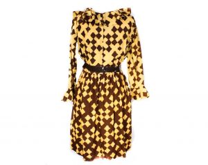 Size 10 1960s Ruffled Dress - Coffee Brown Crinkle Crepe Fit & Flare 60s Frock with Belt Go-Go Style - Fashionconstellate.com