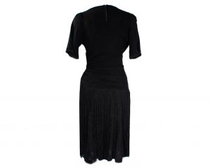 Size 4 1930s Dress Small Short Sleeve 30s 40s Black Crepe Cocktail with Ruching & Long Fringe Skirt - Fashionconstellate.com