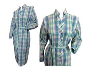 Vintage 70s Plaid Cotton Day Dress Aqua Blue Green Checked Shift Shirt Dress by Schrader |XL/XXL