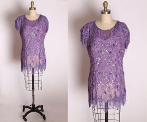 1980s Purple Sequin and Beaded Fringe Flapper Style Shirt Blouse