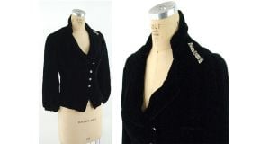 1930s black silk velvet jacket with Art Deco rhinestone brooch rhinestone buttons Size M