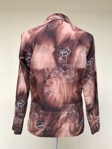 Vintage 1970s Brown Floral Disco Shirt, 70s Surreal Print Polyester Long Sleeve Dress Shirt, Medium  - Fashionconstellate.com
