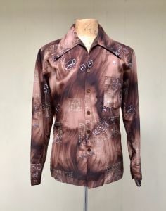 Vintage 1970s Brown Floral Disco Shirt, 70s Surreal Print Polyester Long Sleeve Dress Shirt, Medium 