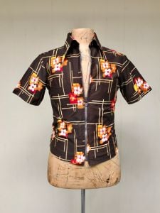 Vintage 1970s Short Sleeve Zippered Disco Shirt, Brown Polyester Floral Print Hipster Shirt, Unisex 